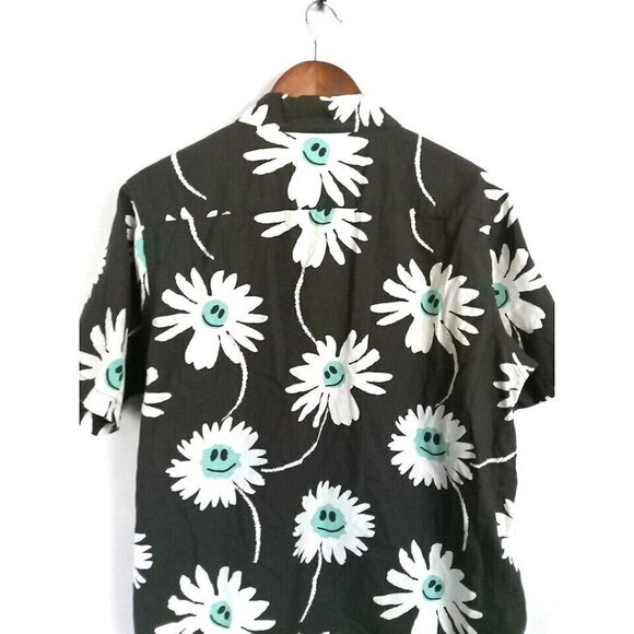 Neff Shirt Men's Size M Gray Dark Green Button Down Smiley Face Emoji Flower - Picture 6 of 12